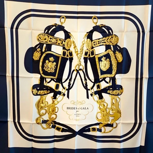 Hermès NIB Silk Lg (90)
Brides de Gala Scarf.
No callouts! Blue trim - Picture 1 of 7